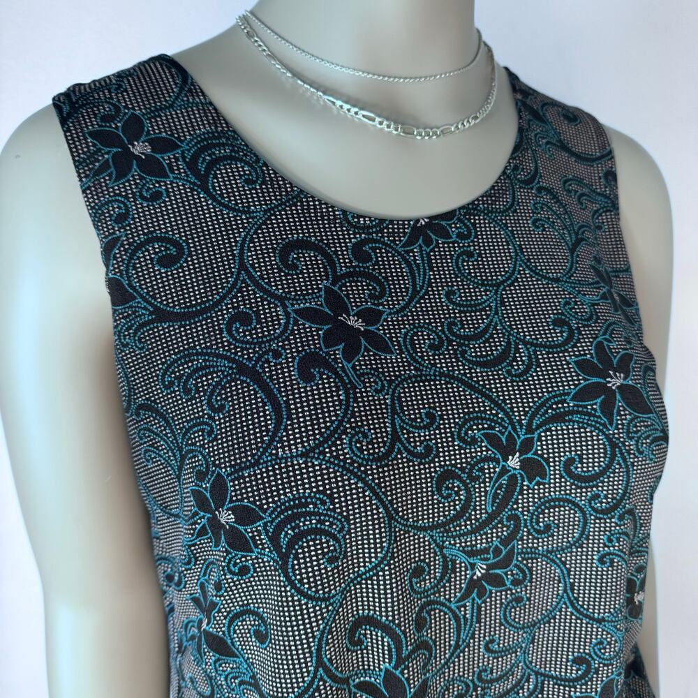 Y2K 90s Sleeveless Floral Scroll Tank Top Size Large Summer Black Blue Grey